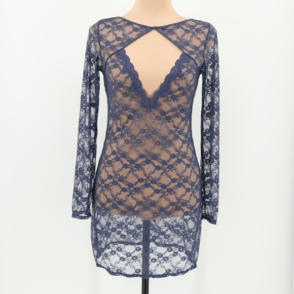 Sheer Lace Mini Dress Blue Cutout Backless Party Cocktail Floral Lingerie Size S - Picture 1 of 5